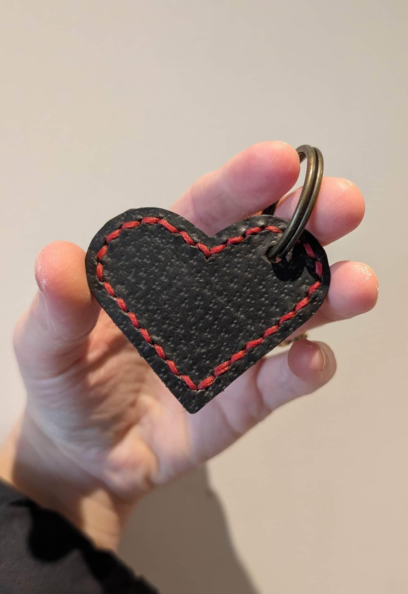 Repurposed Saddle Leather Stitch Large Heart Keyring