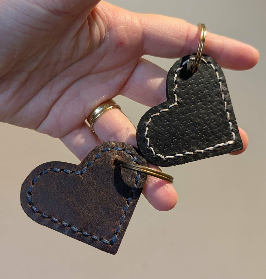 Repurposed Saddle Leather Stitch Large Heart Keyring