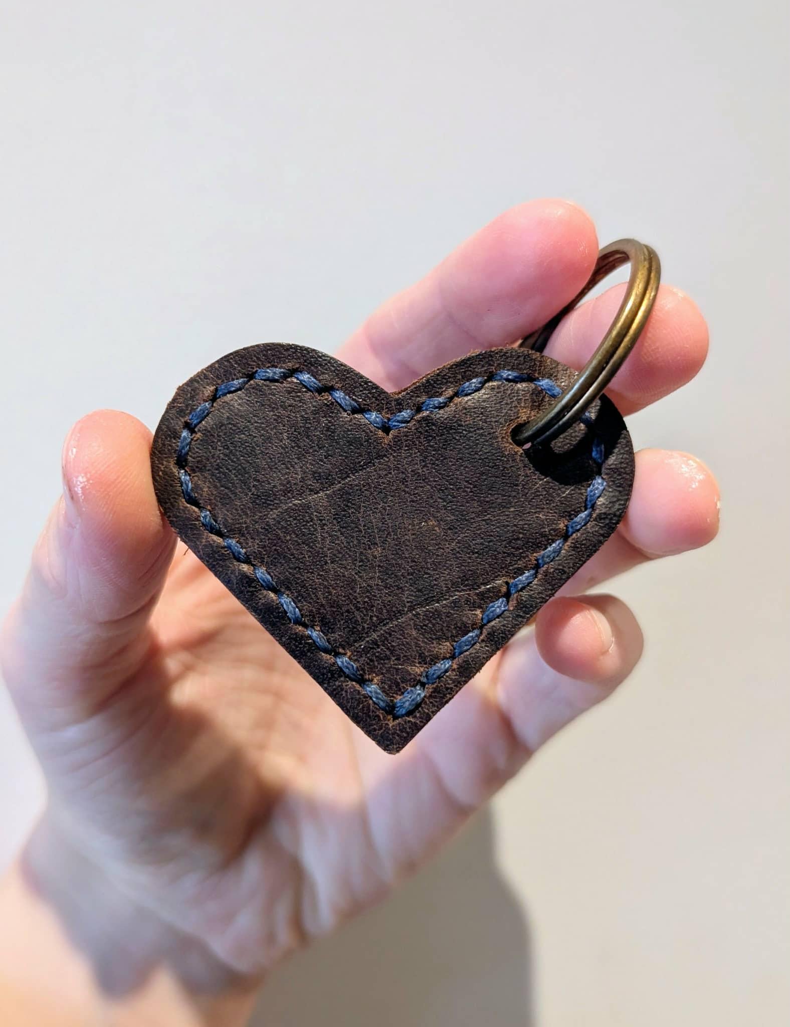 Repurposed Saddle Leather Stitch Large Heart Keyring