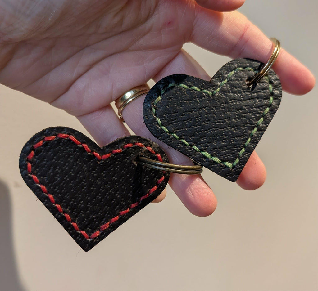 Repurposed Saddle Leather Stitch Large Heart Keyring