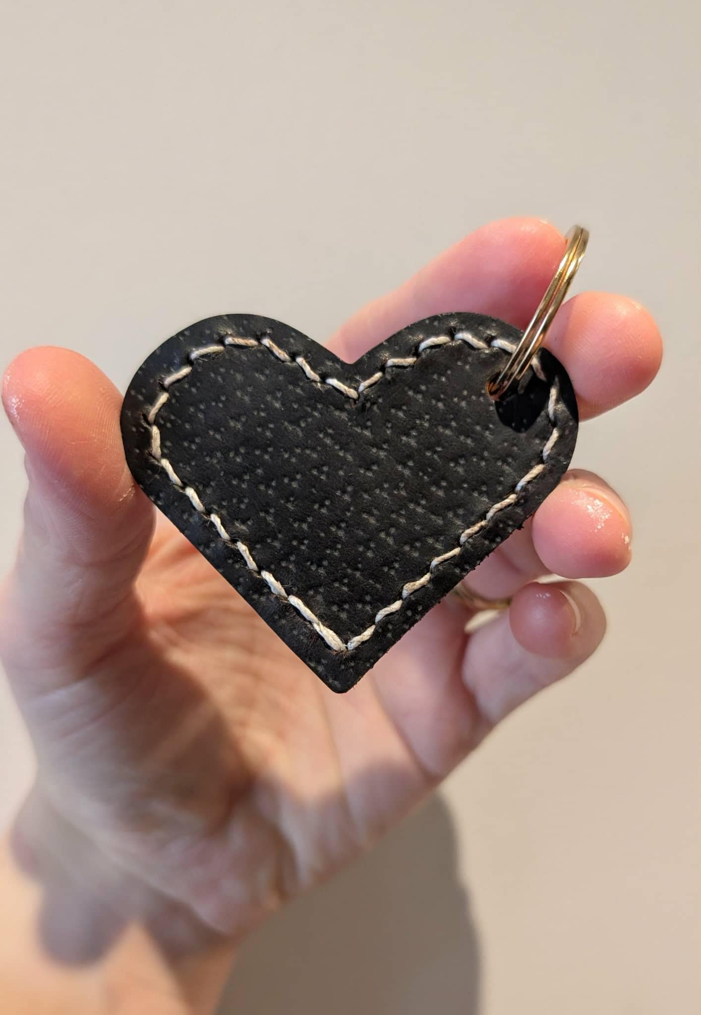 Repurposed Saddle Leather Stitch Large Heart Keyring